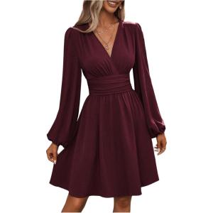 imageSOLY HUX Womens Elegant Dress V Neck Long Sleeve High Waist Swing Prom Cocktail Short DressesRed Violet