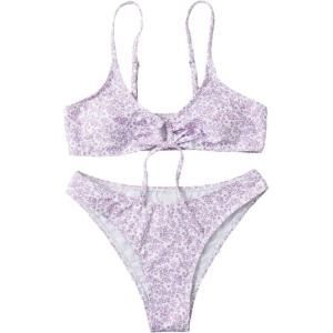 imageSOLY HUX Womens Floral Print Tie Front Bikini Bathing Suit 2 Piece SwimsuitsPurple Ditsy Floral