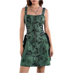 imageSOLY HUX Womens Gothic Zipper Bodycon Mini Dress Skull Print Tie Up Sleeveless Mini DressesGreen Graphic