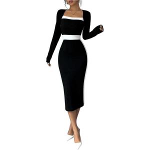 imageSOLY HUX Womens Midi Dress Color Block Square Neck Long Sleeve Bodycon DressesBlack and White