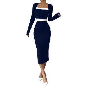 imageSOLY HUX Womens Midi Dress Color Block Square Neck Long Sleeve Bodycon DressesDark Blue and White
