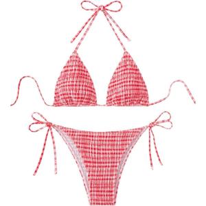 imageSOLY HUX Womens Plaid Gingham Bikini Sets Halter String Triangle Tie Side Bathing Suit Two Piece SwimsuitRed and White Plaid