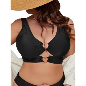 imageSOLY HUX Womens Plus Size Bikini Tops Heart Ring Swimsuit Cut Out Bathing Suit Tops V Neck BeachwearSolid Black