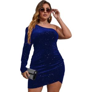 imageSOLY HUX Womens Plus Size One Shoulder Sexy Bodycon Formal Dress Long Sleeve Ruched Wrap Velvet Party DressRoyal Blue