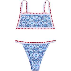imageSOLY HUX Womens Swimsuits Floral Micro Bikini High Cut Thong Two Piece Sets Summer Bathing SuitWhite and Blue