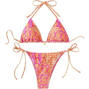 imageSOLY HUX Womens Two Piece Swimsuits High Waisted Bikini Sets Sexy Leopard Print Tie Halter Triangle Bathing SuitsOrange and Pink