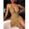 imageSOLY HUX Womens Summer Halter Bodycon Mini Dress Sexy Deep V Ruffle Party Cocktail Cami DressesMocha Brown