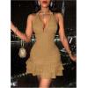 imageSOLY HUX Womens Summer Halter Bodycon Mini Dress Sexy Deep V Ruffle Party Cocktail Cami DressesMocha Brown