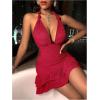 imageSOLY HUX Womens Summer Halter Bodycon Mini Dress Sexy Deep V Ruffle Party Cocktail Cami DressesPlain Red