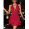 imageSOLY HUX Womens Summer Halter Bodycon Mini Dress Sexy Deep V Ruffle Party Cocktail Cami DressesPlain Red