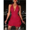 imageSOLY HUX Womens Summer Halter Bodycon Mini Dress Sexy Deep V Ruffle Party Cocktail Cami DressesPlain Red
