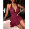imageSOLY HUX Womens Summer Halter Bodycon Mini Dress Sexy Deep V Ruffle Party Cocktail Cami DressesSolid Burgundy