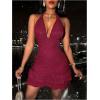 imageSOLY HUX Womens Summer Halter Bodycon Mini Dress Sexy Deep V Ruffle Party Cocktail Cami DressesSolid Burgundy