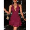 imageSOLY HUX Womens Summer Halter Bodycon Mini Dress Sexy Deep V Ruffle Party Cocktail Cami DressesSolid Burgundy