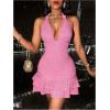 imageSOLY HUX Womens Summer Halter Bodycon Mini Dress Sexy Deep V Ruffle Party Cocktail Cami DressesSolid Pink