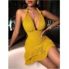 imageSOLY HUX Womens Summer Halter Bodycon Mini Dress Sexy Deep V Ruffle Party Cocktail Cami DressesSolid Yellow