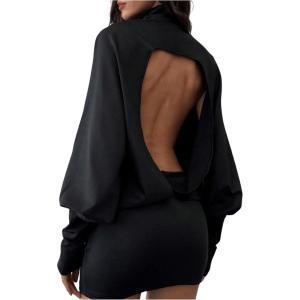 imageSOLY HUX Womens Backless Mini Dress Turtleneck Long Sleeve Open Back Bodycon Party DressesPure Black