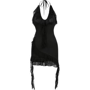 imageSOLY HUX Womens Halter Ruffle Cami Mini Dresses Bodycon Backless Club Party DressPlain Black
