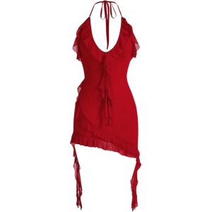 imageSOLY HUX Womens Halter Ruffle Cami Mini Dresses Bodycon Backless Club Party DressSolid Red