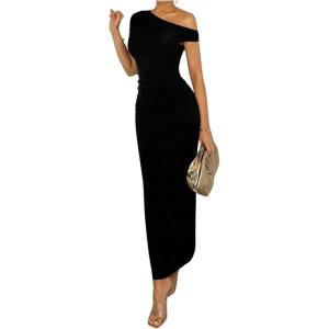 imageSOLY HUX Womens Off The Shoulder Maxi Dress Bodycon Ruched Asymmetrical Neck Long Dresses Party Evening DressPlain Black
