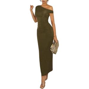 imageSOLY HUX Womens Off The Shoulder Maxi Dress Bodycon Ruched Asymmetrical Neck Long Dresses Party Evening DressPure Army Green