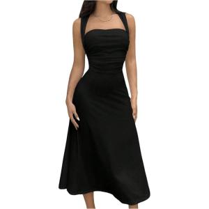 imageSOLY HUX Womens Square Neck Formal Dress Sleeveless Flowy A Line Ruched Waist Elegant Long DressesPlain Black