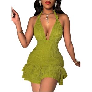 imageSOLY HUX Womens Summer Halter Bodycon Mini Dress Sexy Deep V Ruffle Party Cocktail Cami DressesSolid Green