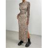 imageSOLY HUX Womens Leopard Print Bodycon Dress Mock Neck Long Sleeve Split Hem Cheetah Long DressesBrown Leopard