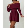 imageSOLY HUX Womens Off The Shoulder Sweater Dress Long Sleeve A Line Ruffle Hem Knit Mini DressesPure Burgundy