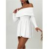imageSOLY HUX Womens Off The Shoulder Sweater Dress Long Sleeve A Line Ruffle Hem Knit Mini DressesPure White