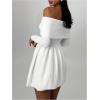 imageSOLY HUX Womens Off The Shoulder Sweater Dress Long Sleeve A Line Ruffle Hem Knit Mini DressesPure White