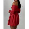 imageSOLY HUX Womens Off The Shoulder Sweater Dress Long Sleeve A Line Ruffle Hem Knit Mini DressesSolid Red