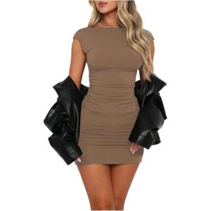 imageSOLY HUX Backless Dresses for Women Cap Sleeve Boat Neck Fitted Mini Dress Party Club Rave OutfitSolid Coffee Brown