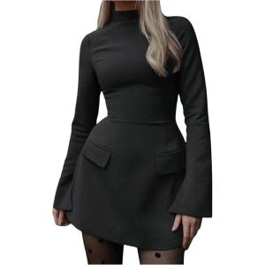 imageSOLY HUX Womens Mock Neck Long Sleeve Mini Dress A Line Flared Elegant DressesPure Black