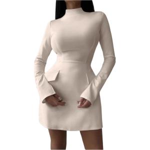 imageSOLY HUX Womens Mock Neck Long Sleeve Mini Dress A Line Flared Elegant DressesSolid Apricot