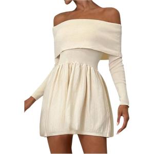 imageSOLY HUX Womens Off The Shoulder Sweater Dress Long Sleeve A Line Ruffle Hem Knit Mini DressesPure Apricot