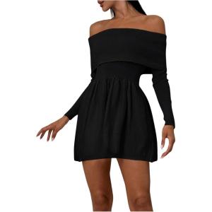 imageSOLY HUX Womens Off The Shoulder Sweater Dress Long Sleeve A Line Ruffle Hem Knit Mini DressesPure Black