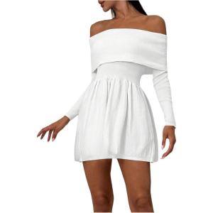 imageSOLY HUX Womens Off The Shoulder Sweater Dress Long Sleeve A Line Ruffle Hem Knit Mini DressesPure White