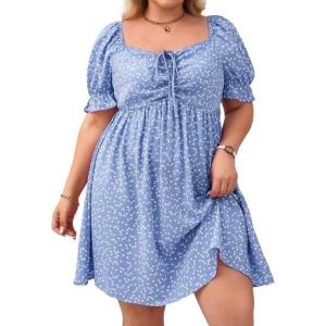 imageSOLY HUX Womens Plus Size Summer Dresses Sweetheart Neck Puff Short Sleeve Tie Swing A Line Midi DressDusty Blue Heart