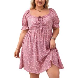 imageSOLY HUX Womens Plus Size Summer Dresses Sweetheart Neck Puff Short Sleeve Tie Swing A Line Midi DressPink Heart