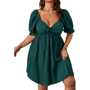 imageSOLY HUX Womens Plus Size Summer Dresses Sweetheart Neck Puff Short Sleeve Tie Swing A Line Midi DressPlain Dark Green