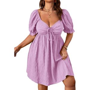imageSOLY HUX Womens Plus Size Summer Dresses Sweetheart Neck Puff Short Sleeve Tie Swing A Line Midi DressPlain Lilac Purple