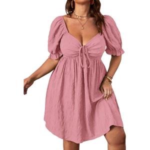 imageSOLY HUX Womens Plus Size Summer Dresses Sweetheart Neck Puff Short Sleeve Tie Swing A Line Midi DressSolid Pink