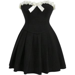 imageSOLY HUX Womens Plus Size Tube Dress Lace Trim Bow Strapless Sleeveless Pleated A Line Short DressesPure Black
