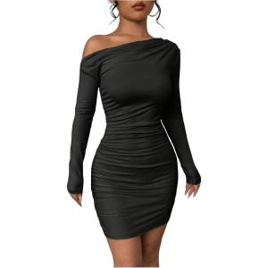 imageSOLY HUX Womens Ruched Bodycon Mini Dress Off The Shoulder Long Sleeve Fall DressesPure Black