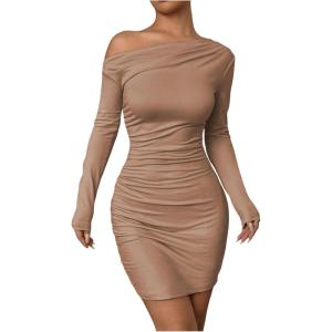 imageSOLY HUX Womens Ruched Bodycon Mini Dress Off The Shoulder Long Sleeve Fall DressesPure Brown