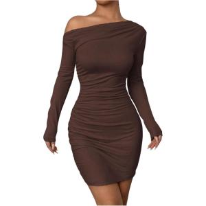 imageSOLY HUX Womens Ruched Bodycon Mini Dress Off The Shoulder Long Sleeve Fall DressesPure Coffee Brown