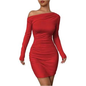 imageSOLY HUX Womens Ruched Bodycon Mini Dress Off The Shoulder Long Sleeve Fall DressesPure Red