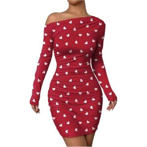 imageSOLY HUX Womens Ruched Bodycon Mini Dress Off The Shoulder Long Sleeve Fall DressesRed Heart
