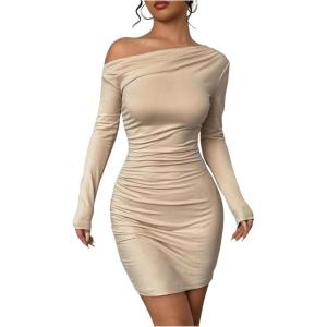 imageSOLY HUX Womens Ruched Bodycon Mini Dress Off The Shoulder Long Sleeve Fall DressesSolid Apricot